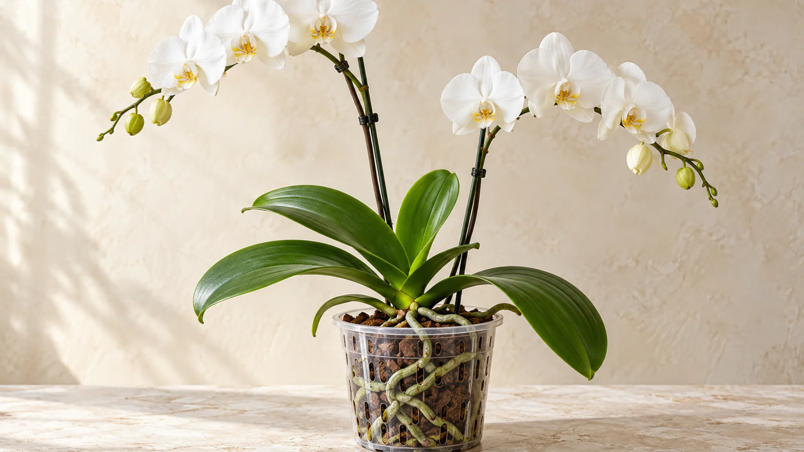 Şeffaf saksıda sağlıklı beyaz Phalaenopsis orkide
