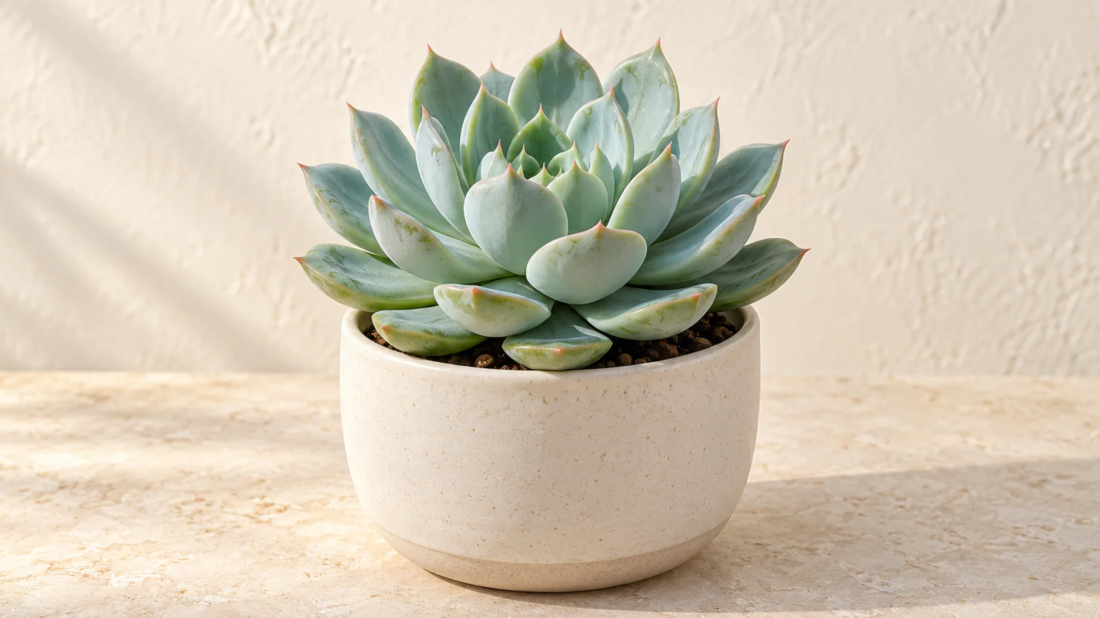 Krem seramik saksıda sağlıklı Echeveria sukulent