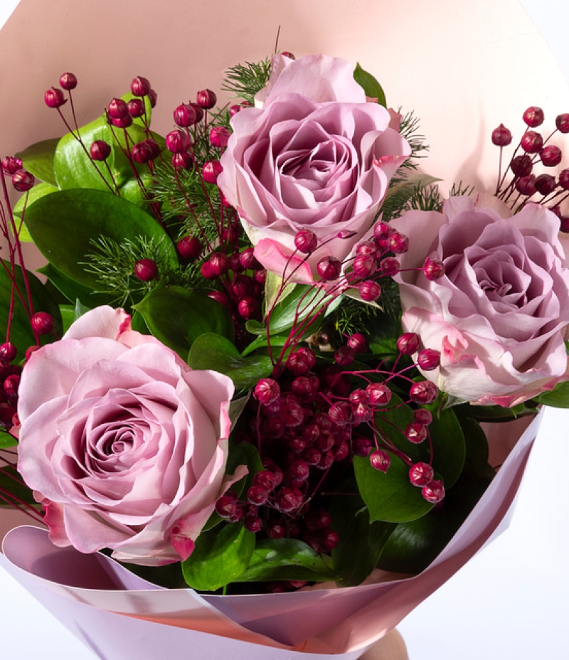 Lila Pembe Bukette 3 Lila Gül